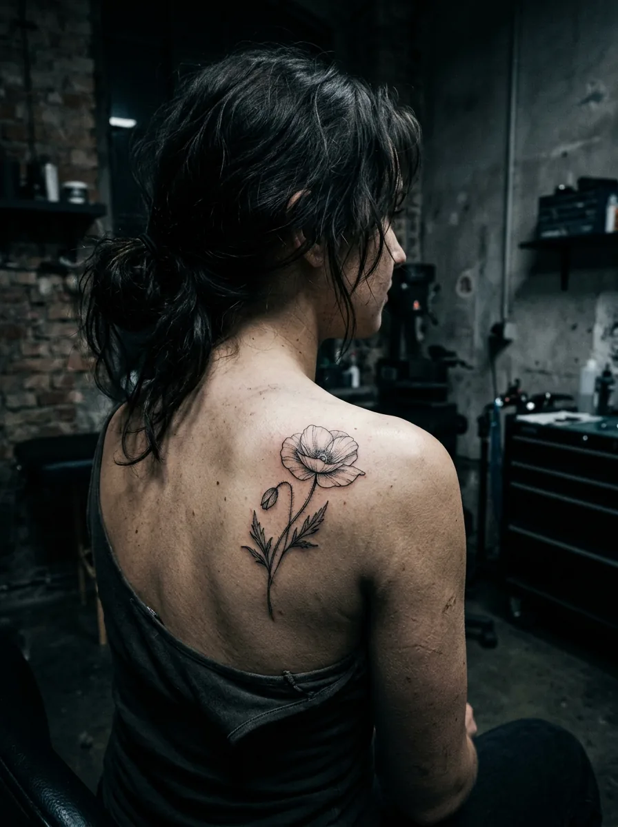 Fine-Line-Tattoo: Mohnblüte
