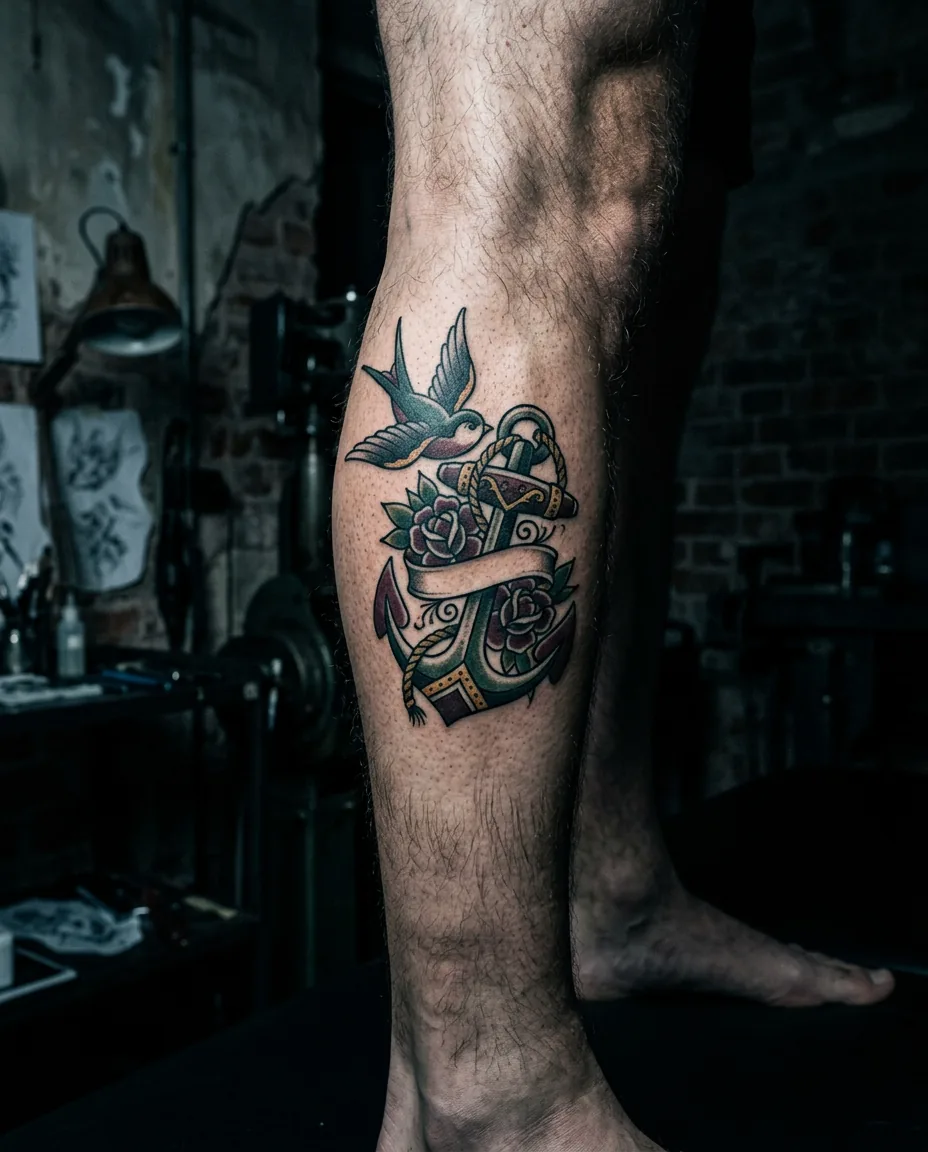 Neo-Traditional-Tattoo: Anker und Schwalbe