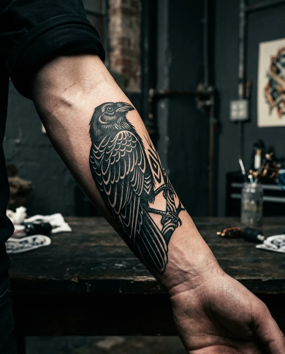 Blackwork-Tattoo: Rabe
